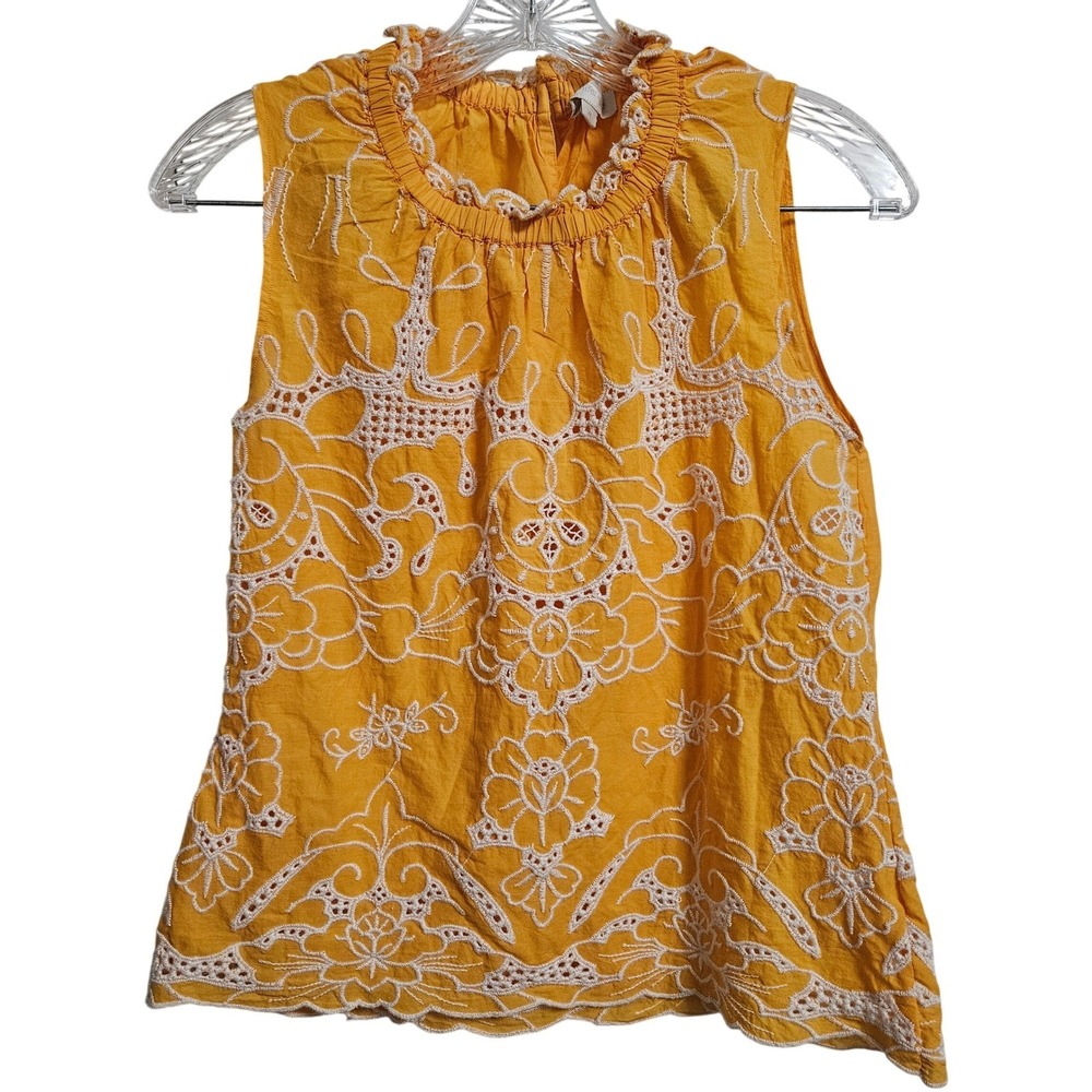 Jennifer & Grace Boho Eyelet Top Women M Yellow Embroidered Sleeveless Ruffle